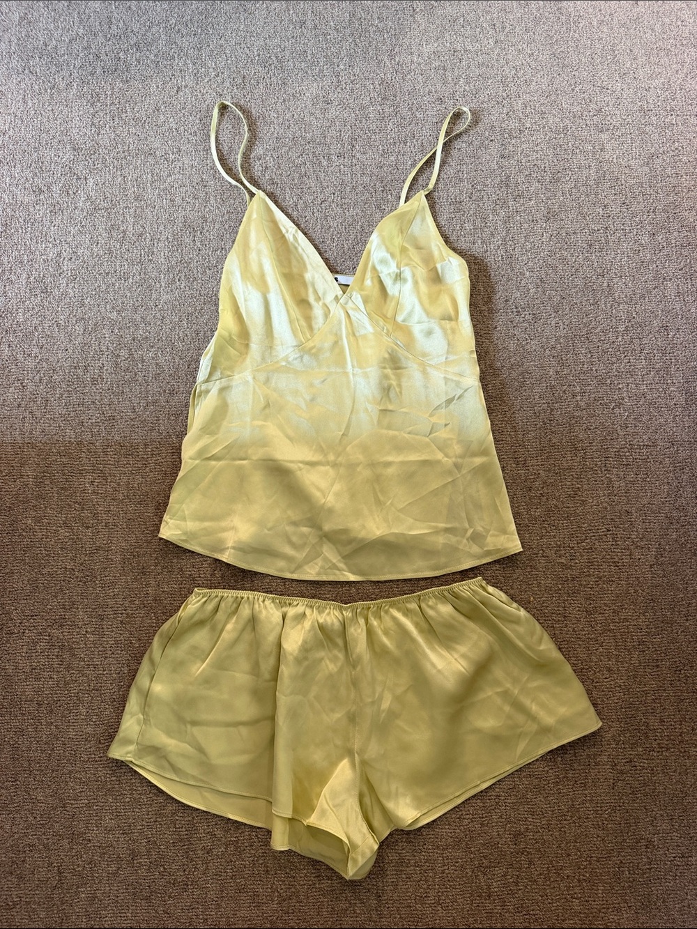 Silky Lemon Satin Spaghetti-Strap Cami Top and shorts set